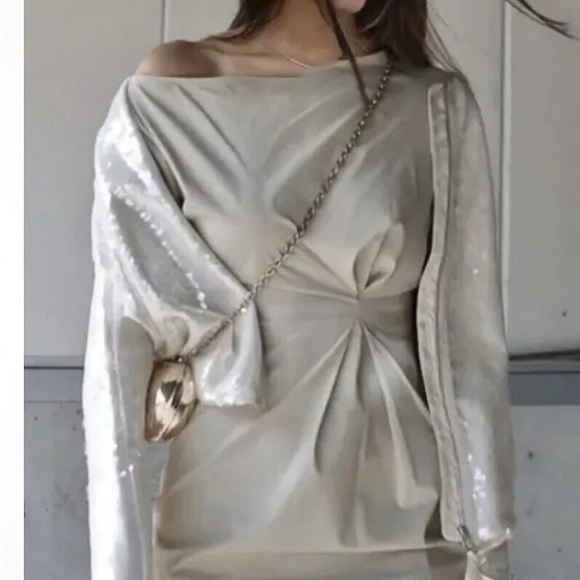 - CHAMPAGNE SEQUIN SILVER BOMBER JACKET WITH ZIPPER sz large - Picture 5 of 7